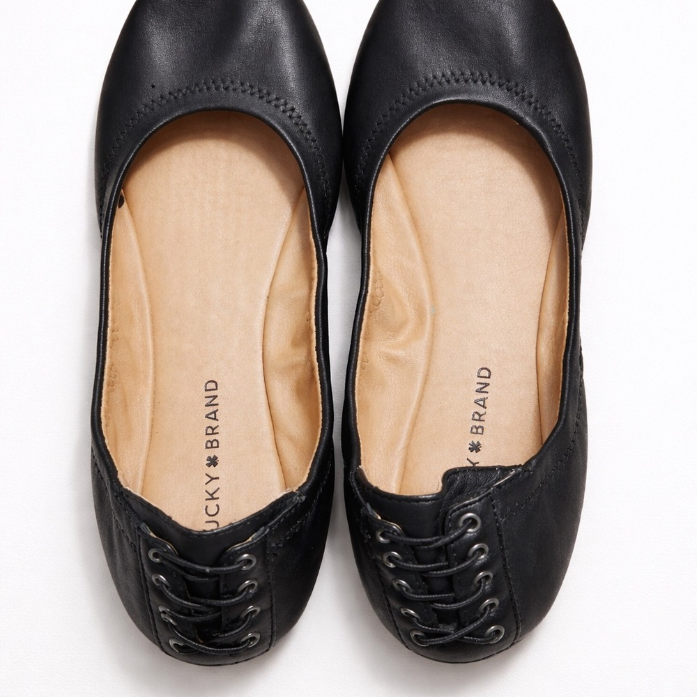 Lucky Brand Echo 2 Black Leather Ballet Flats Size 9.5 / 41 Slip On Comfort VGUC